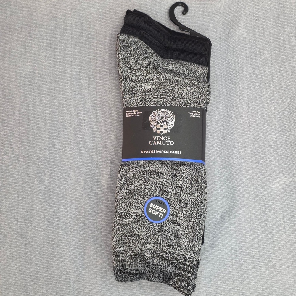 Vince Camuto Crew Socks Mens One Size Black Grey Marled 5 Pair Pack Super Soft